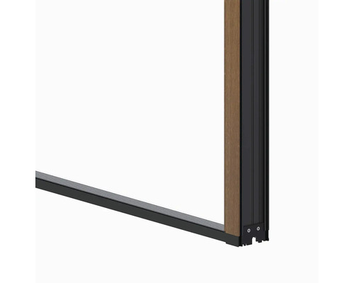 Detail posuvného rámu dverí s dreveným obkladom a hliníkovým profilom