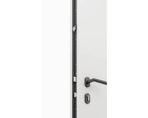 Detail bielych dverí s čiernou kľučkou a bezpečnostným zámkom