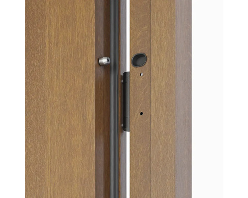 Detail drevených vchodových dverí s bezpečnostným kovaním a madlom