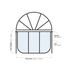 Špecifikácie bazéna: výška 50 až 130 cm, veľkosť 360 až 370 cm, horná lišta maximálne 50 mm, noha maximálne 40 mm