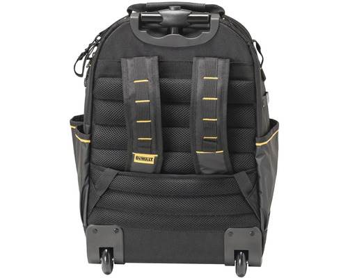 Pohľad zozadu na čierny batoh na náradie s kolieskami a logom DeWalt