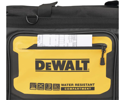 Detailný pohľad na tašku na náradie s vreckom na zips a logom DeWalt