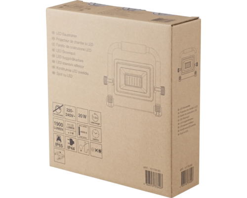 Balenie LED stavebného reflektora s technickými údajmi ako 20 wattov, 1900 lúmenov a krytie IP65