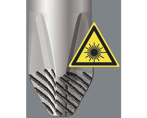 Detail nástroja s laserovým značením a výstražným znamením pre laserové žiarenie