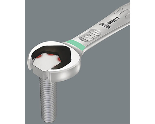 Otvorený kľúč uchopuje skrutku, logo Wera