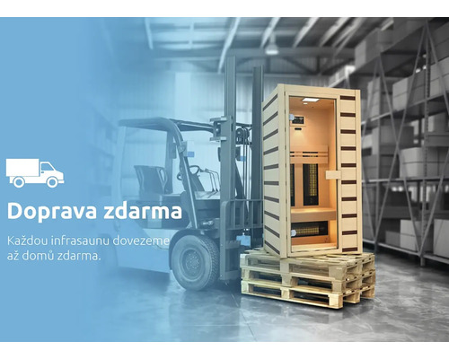 Infračervená sauna na palete je prepravovaná vysokozdvižným vozíkom