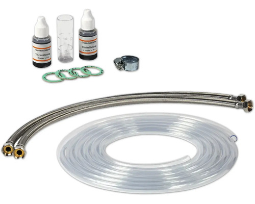 Inštalačná súprava pre zmäkčovač vody s hadicami, tesneniami, fľašami a príslušenstvom