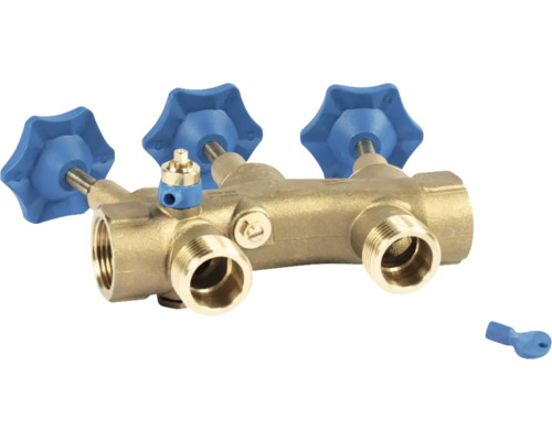 Rozdeľovač vykurovacieho okruhu z mosadze s modrými držadlami
