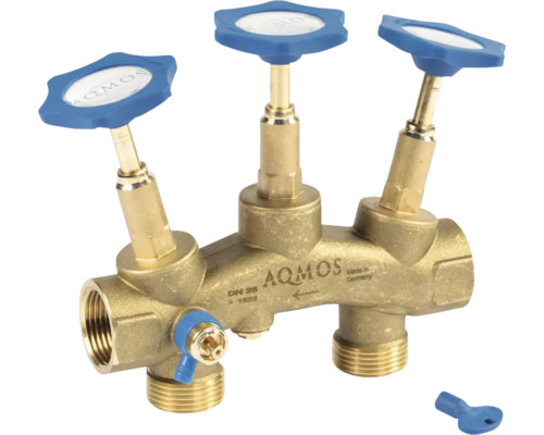 AQUAMOS mosadzný rozdeľovač vykurovacieho okruhu s modrými rukoväťami