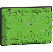 Logo spoločnosti Schneider Electric. Zapustená rozvodná krabica s otvormi pre káble