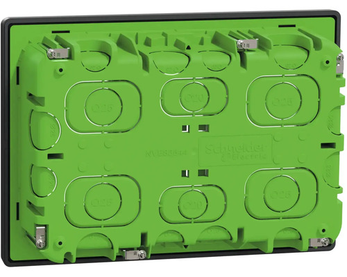 Logo spoločnosti Schneider Electric. Zapustená rozvodná krabica s otvormi pre káble