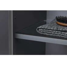 Detail kúpeľňovej skrinky so sklenenou policou, uterákom a kefou