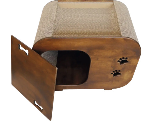 Škrabadlo pre mačky s otvorenými dvierkami a škrabacou plochou hore