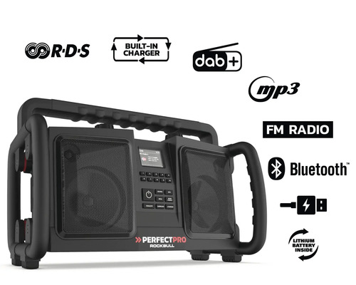 Stavebné rádio Perfectpro Rockbull s Bluetooth, FM rádiom, DAB plus, MP3 a vstavanou nabíjačkou