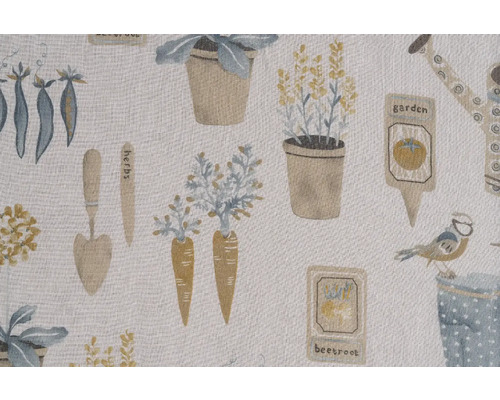 Dekoratívna látka so záhradnými motívmi, ako sú rastliny, zelenina a záhradné náradie.
