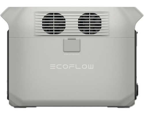 Logo EcoFlow na prenosnej napájacej stanici s ventilátorom a pripojením batérie