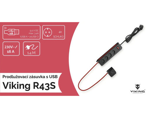 Predlžovací kábel so štyrmi zásuvkami Schuko, tromi portami USB a logom Viking Technology