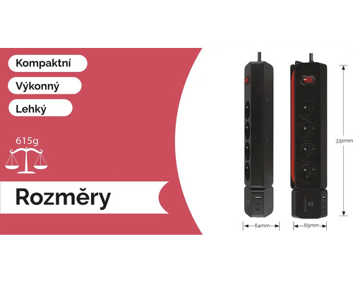 Obrázok predlžovacieho kábla s USB portami a rozmermi.