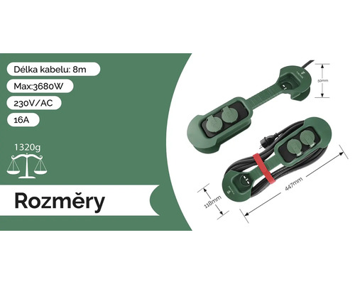 Obrázok rozbočovača s technickými informáciami, ako je dĺžka kábla, výkon a hmotnosť.