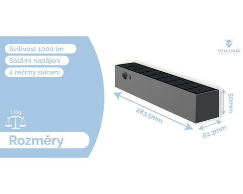 Obrázok solárnej lampy s rozmermi 283,5 x 62,3 x 50 milimetrov.