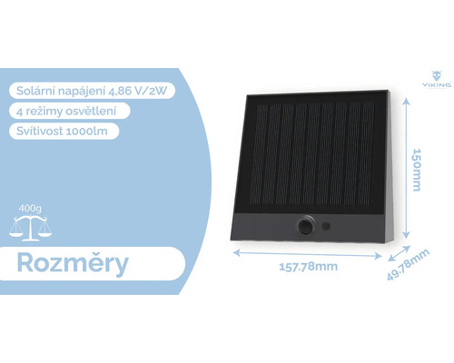 Rozmery solárneho svietidla 150 x 157,78 x 49,78 milimetrov