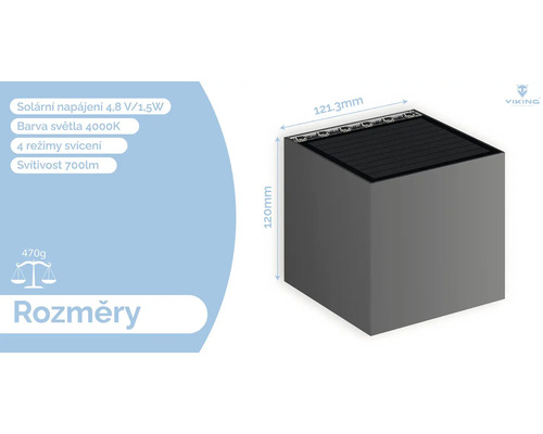 Rozmery solárnej lampy, 120 krát 121,3 milimetrov