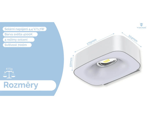 Rozmery bieleho LED svietidla s rozmermi 175 mm x 124 mm x 50 mm