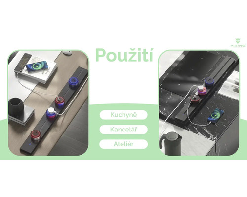 Príklady použitia predlžovacieho kábla v kuchyni, kancelárii a ateliéri.