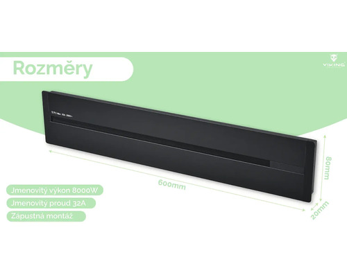 Rozmery čierneho radiátora s rozmermi 600 mm šírka, 80 mm výška a 20 mm hĺbka