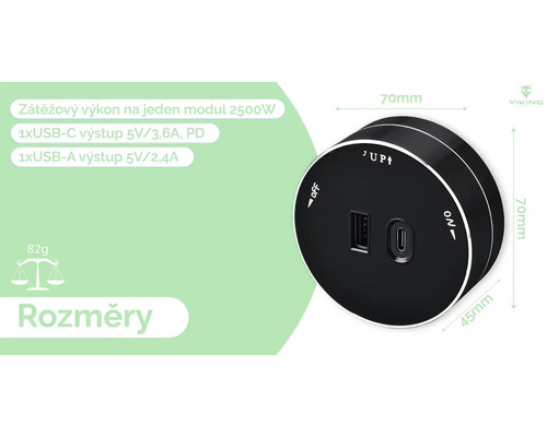 Nabíjací modul VIKING s USB A a USB C portom a výkonom 2500 W
