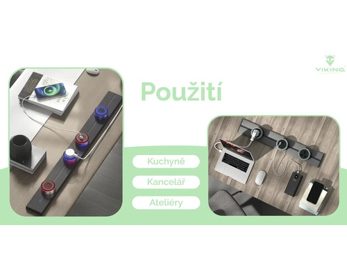 Viaczásuvková lišta s USB portami používaná v kuchyni, kancelárii a ateliéri
