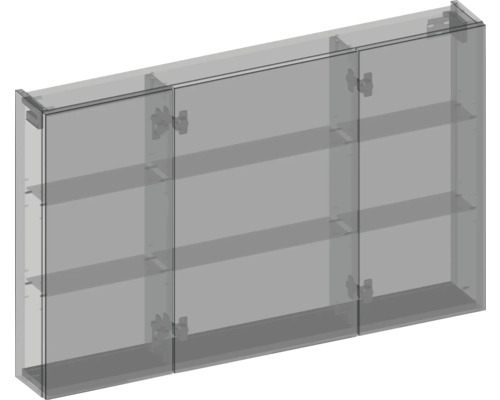 Sklenená skrinka s tromi dvierkami a policami