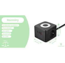 Čierna napájacia kocka so zásuvkami Schuko a USB portami.