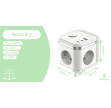 Biely štvorboký hranol s tromi zásuvkami Schuko a tromi portami USB s údajmi o veľkosti