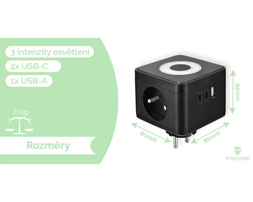Kocková zásuvka s tromi intenzitami osvetlenia, dvoma portami USB-C a jedným portom USB-A.