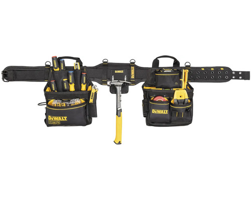Opasok na náradie DeWalt s rôznym náradím, ako je kladivo, skrutkovač a príslušenstvo