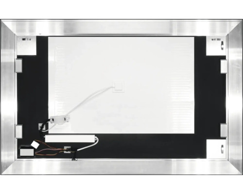 Zadná strana zrkadla so strieborným rámom, LED osvetlením a montážnymi prvkami.