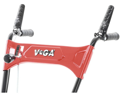 Detailný pohľad na červené riadiace oje snehovej frézy s čiernym logom Vega