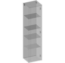 Úzka sklenená vitrína so štyrmi policami na skladovanie a prezentáciu