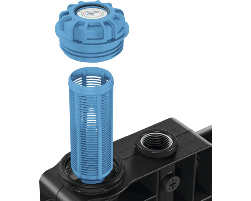 Zavlažovací filter s modrou filtračnou patrónou a čiernym puzdrom