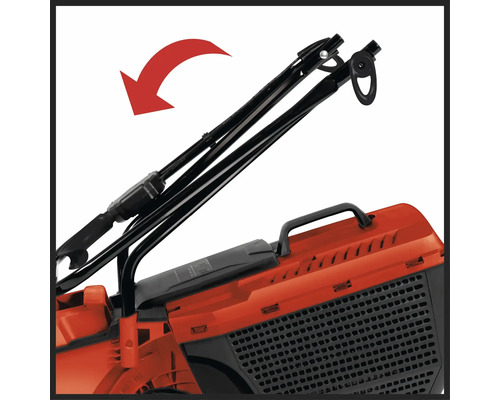 Detailný pohľad na kosačku na trávu so sklopnou rukoväťou