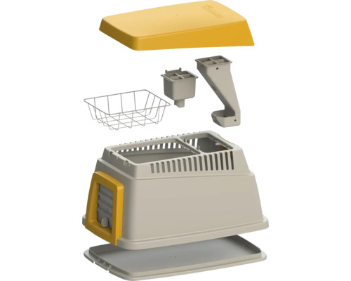 Rozložená mačacia toaleta s rôznymi komponentmi