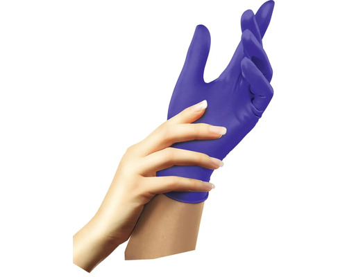 Modré nitrilové jednorazové rukavice na ruke