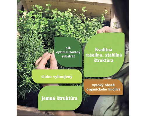 Substrát s bylinkami vo vyvýšenom záhone a informáciami o pH, rašeline, štruktúre a hnojení