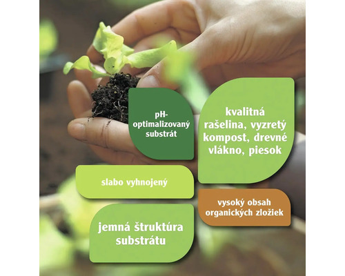 Substrát s optimalizovaným pH v ruke, ktorý obsahuje rašelinu, vyzretý kompost, drevné vlákno a piesok