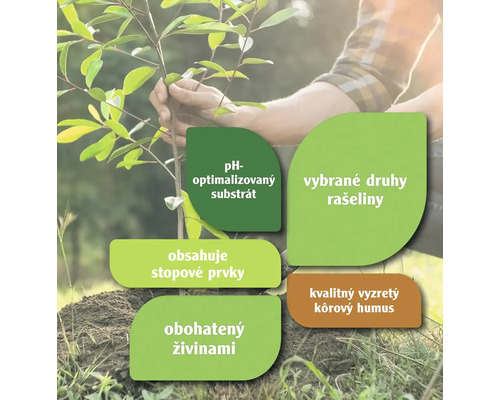 Ilustrácia výsadby s informáciami o substráte, rašeline, stopových prvkoch, živinách a kôrovom humuse