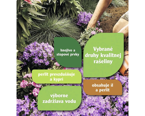 Záhradná scéna s rôznymi rastlinami a informáciami o hnojive a zložení pôdy