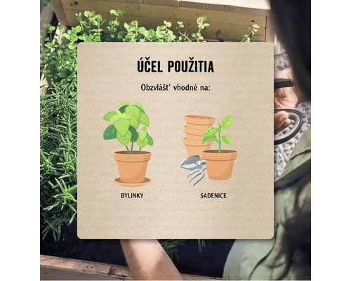 Ilustrácia znázorňuje účel použitia výrobku: bylinky a sadenice.
