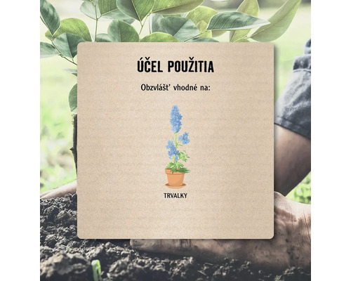 Štítok s textom Účel použitia, obzvlášť vhodné pre trvalky