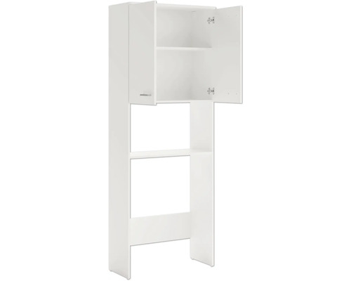 Biela vysoká kúpeľňová skrinka s policami a skrinkami